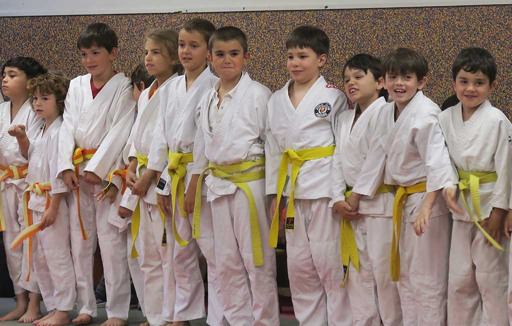 pequeños judoka en fila esperando las órdenes del maestro